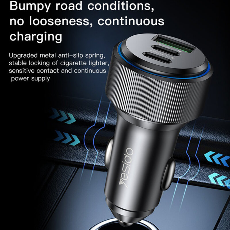 Incarcator auto 2x tip C, USB-A, 60W Yesido Y50, negru