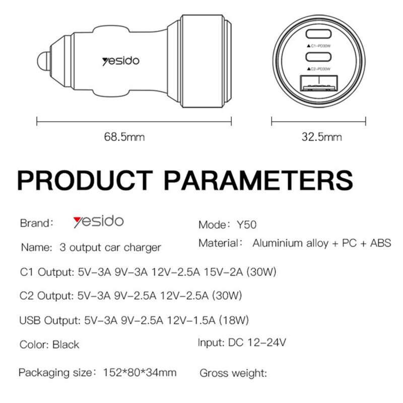 Incarcator auto 2x tip C, USB-A, 60W Yesido Y50, negru