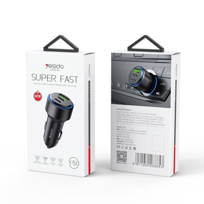 Incarcator auto 2x tip C, USB-A, 60W Yesido Y50, negru