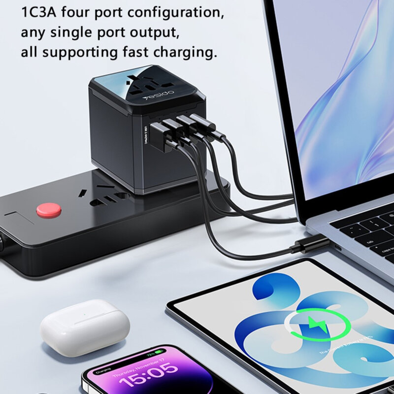 Adaptor priza EU, Type-C, 3x USB-A, Yesido MC24, negru