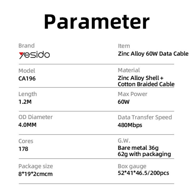 Cablu Type-C PD60W, compatibil CarPlay Yesido CA196, 1.2m