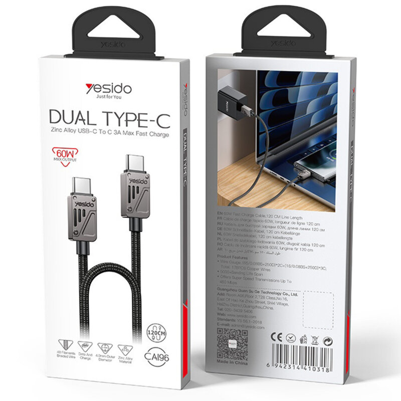 Cablu Type-C PD60W, compatibil CarPlay Yesido CA196, 1.2m