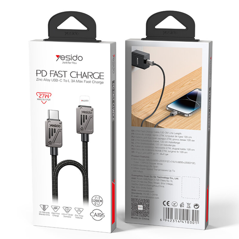 Cablu incarcare rapida Type-C la Lightning 27W Yesido CA195, 1.2m