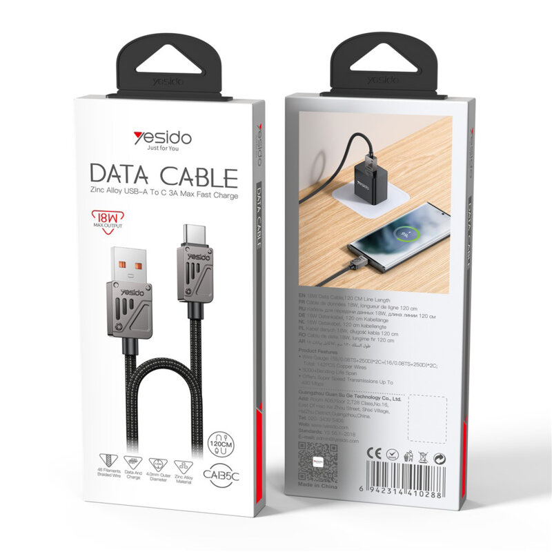 Cablu incarcare rapida USB, Type-C 18W Yesido CA135C, 1.2m