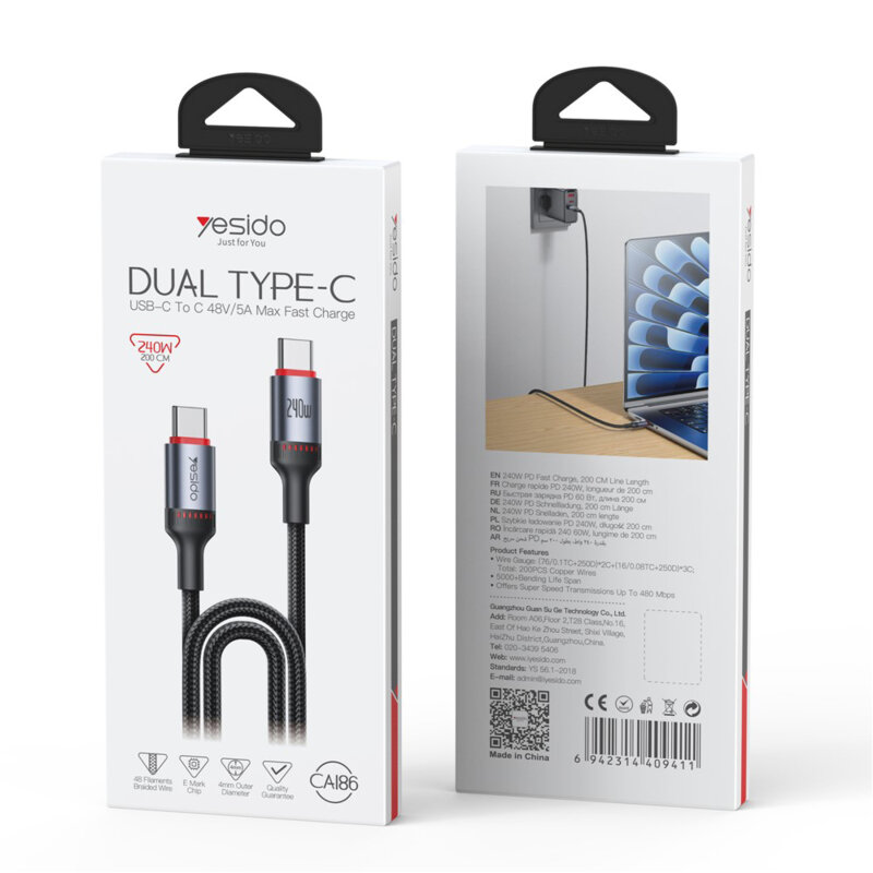 Cablu de date Type-C Fast Charging, 240W Yesido CA186, 2m