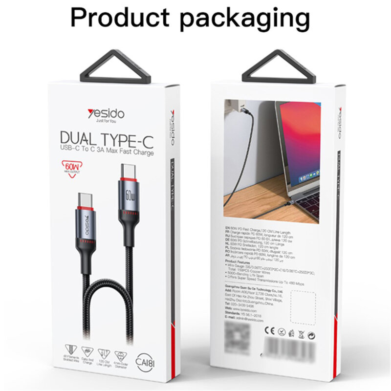 Cablu de date tip C Fast Charging 60W, 3A Yesido CA181, 1.2m