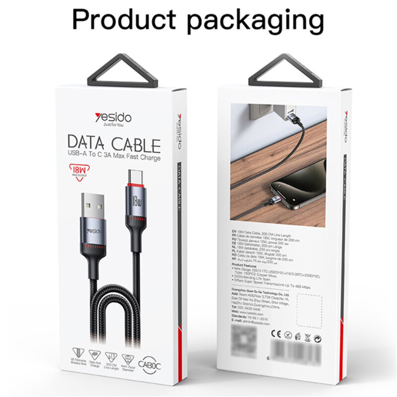 Cablu incarcare rapida USB, tip C, 18W, 3A Yesido CA130C, 2m