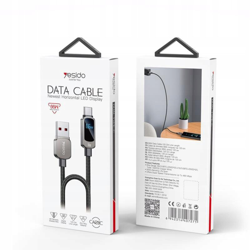Cablu USB, tip C Fast Charge, 66W, 5A Yesido CA128C, 1.2m