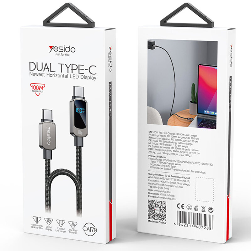 Cablu Type-C Super Fast Charging 100W, 5A Yesido CA179, 1.2m