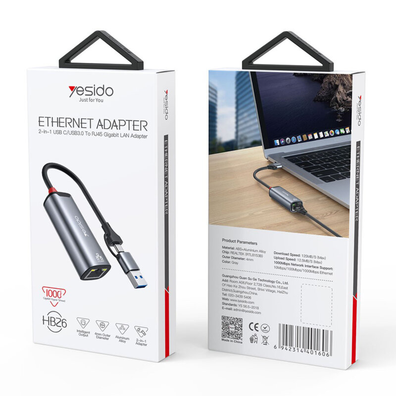 Adaptor internet USB, Type-C la RJ45 1000Mbps Yesido, HB26