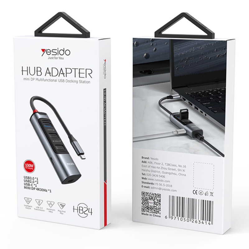 Hub Type-C la USB, USB-C, Mini DP, PD100W, 5in1 Yesido, HB24