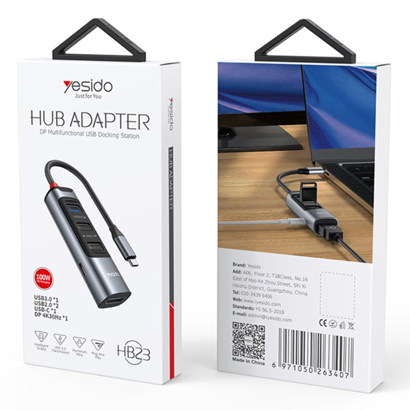 Hub Type-C la USB, USB-C, DP, PD100W, 4K, 5in1 Yesido, HB23