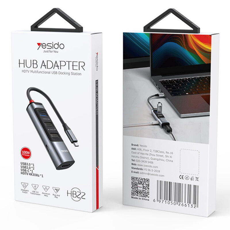 Hub Type-C la USB, USB-C, HDMI, PD100W, 4K, 5in1 Yesido, HB22
