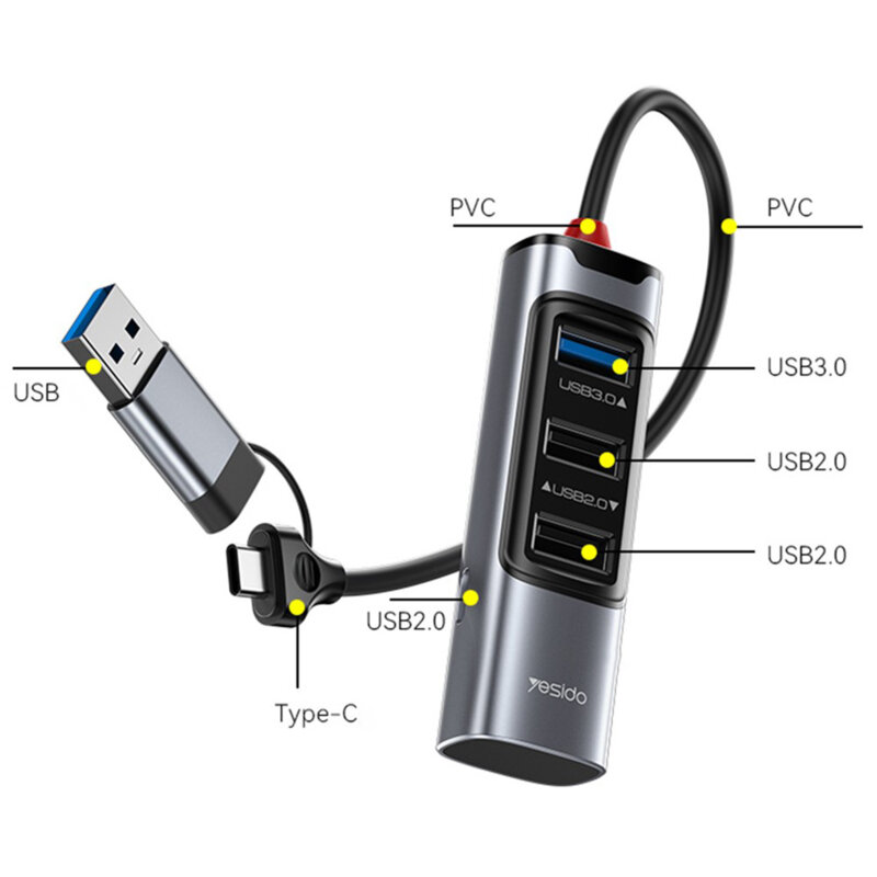 Hub USB, Type-C la 3x USB, USB-C, PD100W, 5Gbps Yesido, HB19