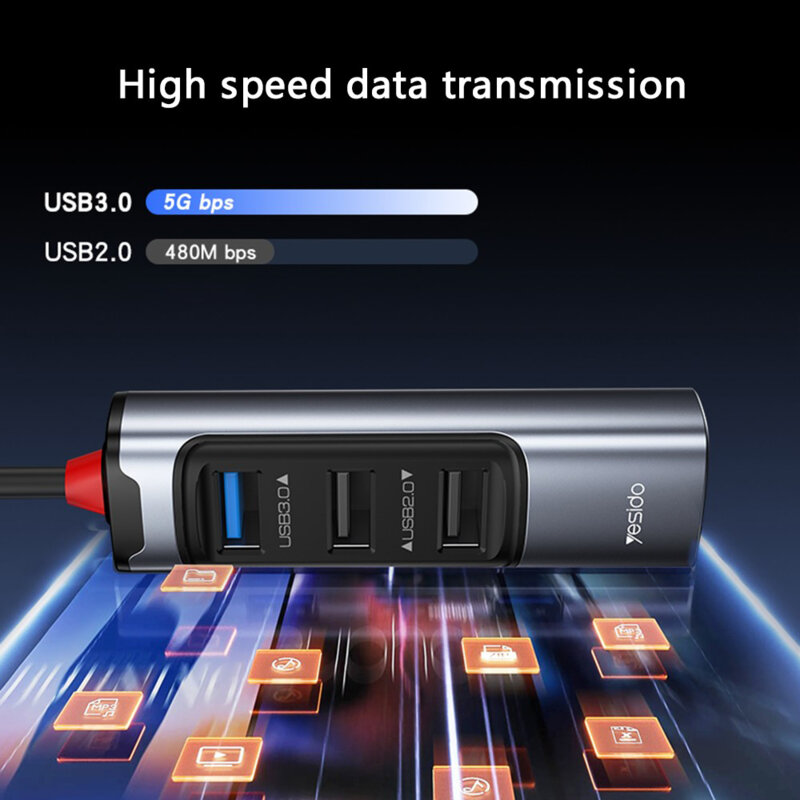 Hub USB, Type-C la 3x USB, USB-C, PD100W, 5Gbps Yesido, HB19