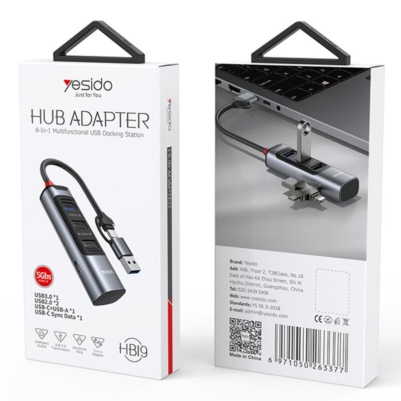 Hub USB, Type-C la 3x USB, USB-C, PD100W, 5Gbps Yesido, HB19