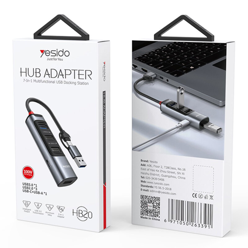 Hub USB, Type-C la 4x USB, USB-C, PD100W, 5Gbps Yesido, HB20