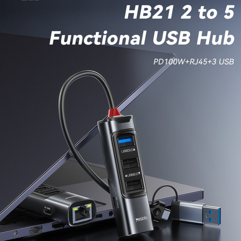 Hub USB, Type-C la USB, USB-C, RJ45 PD100W, 5Gbps Yesido, HB21