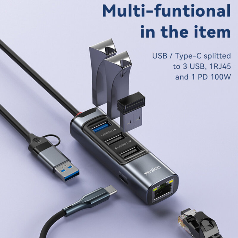 Hub USB, Type-C la USB, USB-C, RJ45 PD100W, 5Gbps Yesido, HB21