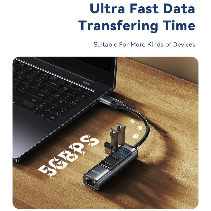 Hub USB, Type-C la USB, USB-C, RJ45 PD100W, 5Gbps Yesido, HB21