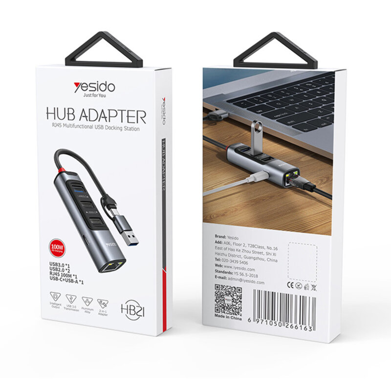 Hub USB, Type-C la USB, USB-C, RJ45 PD100W, 5Gbps Yesido, HB21
