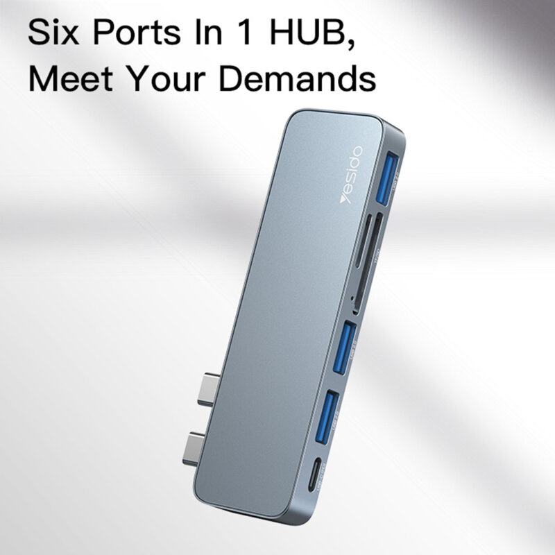 Hub 2x Type-C la 3x USB, USB-C, SD/TF, 5Gbps Yesido, HB10