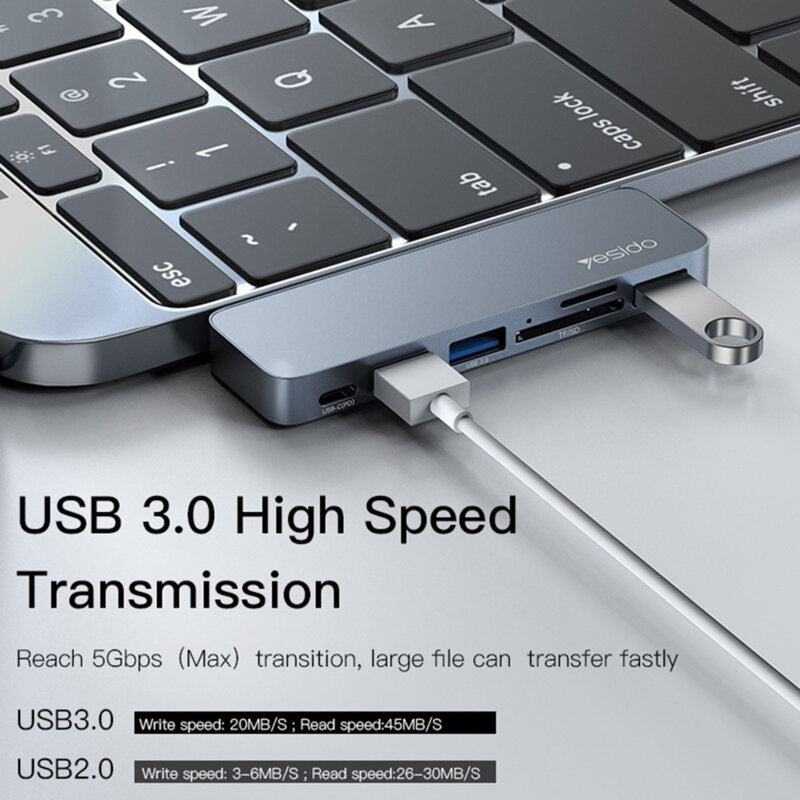 Hub 2x Type-C la 3x USB, USB-C, SD/TF, 5Gbps Yesido, HB10