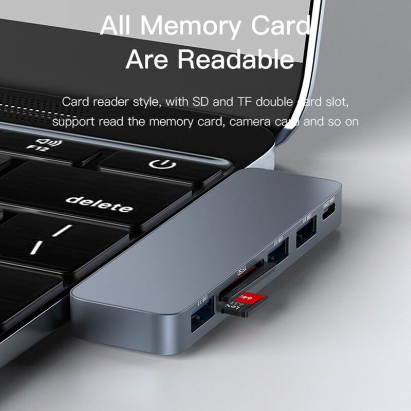 Hub 2x Type-C la 3x USB, USB-C, SD/TF, 5Gbps Yesido, HB10