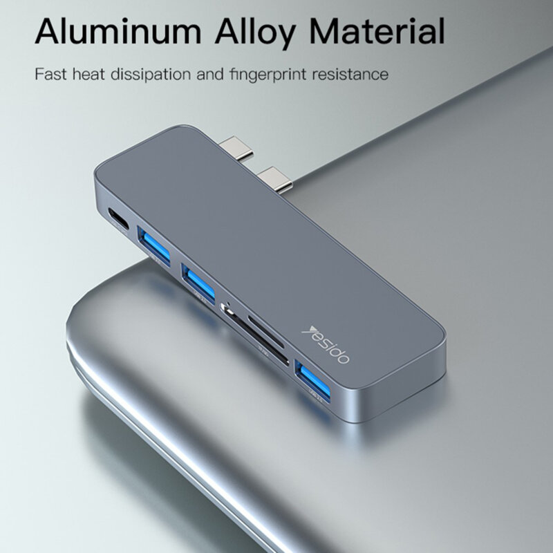 Hub 2x Type-C la 3x USB, USB-C, SD/TF, 5Gbps Yesido, HB10