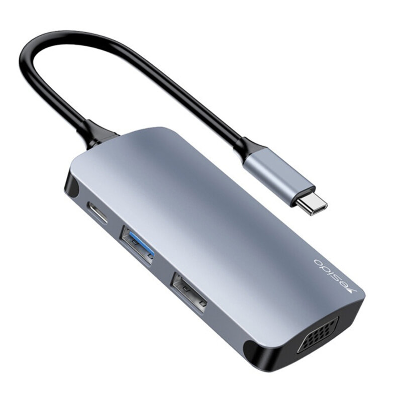 Docking Station Type-C la 3x USB, TF/SD Card, Type-C, VGA, Yesido HB16