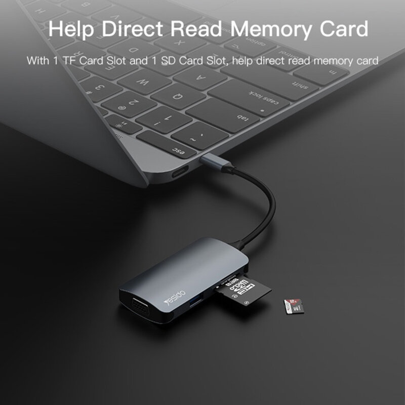 Docking Station Type-C la 3x USB, TF/SD Card, Type-C, VGA, Yesido HB16