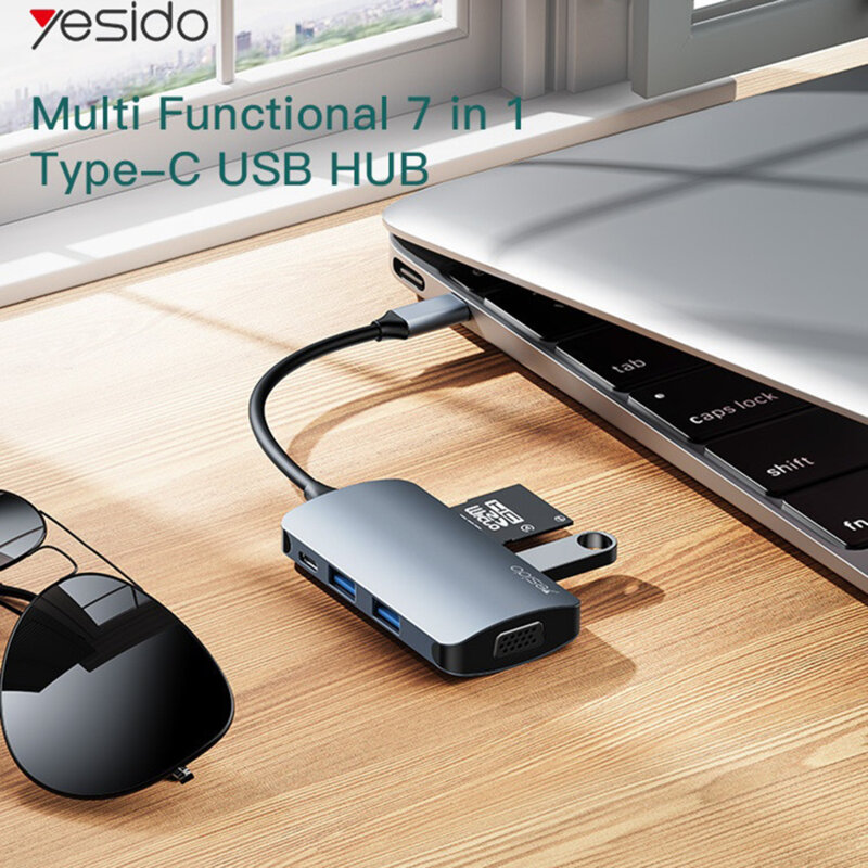 Docking Station Type-C la 3x USB, TF/SD Card, Type-C, VGA, Yesido HB16