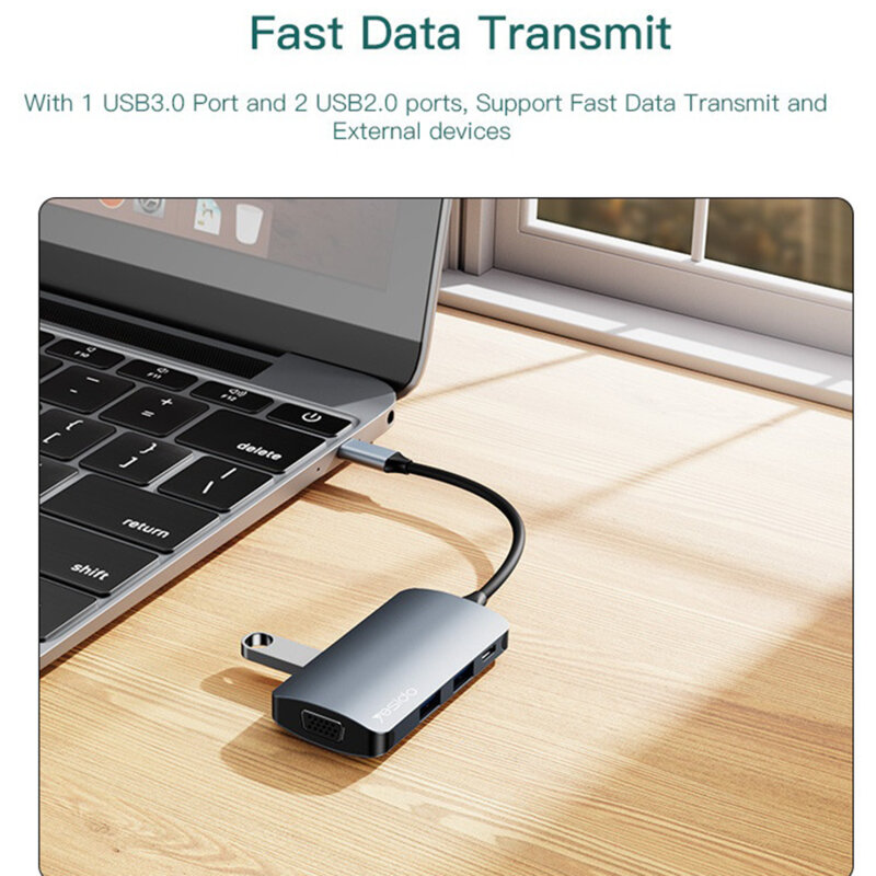 Docking Station Type-C la 3x USB, TF/SD Card, Type-C, VGA, Yesido HB16
