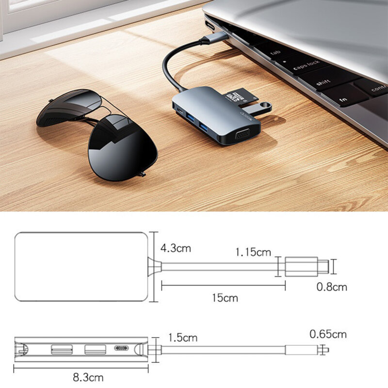 Docking Station Type-C la 3x USB, TF/SD Card, Type-C, VGA, Yesido HB16