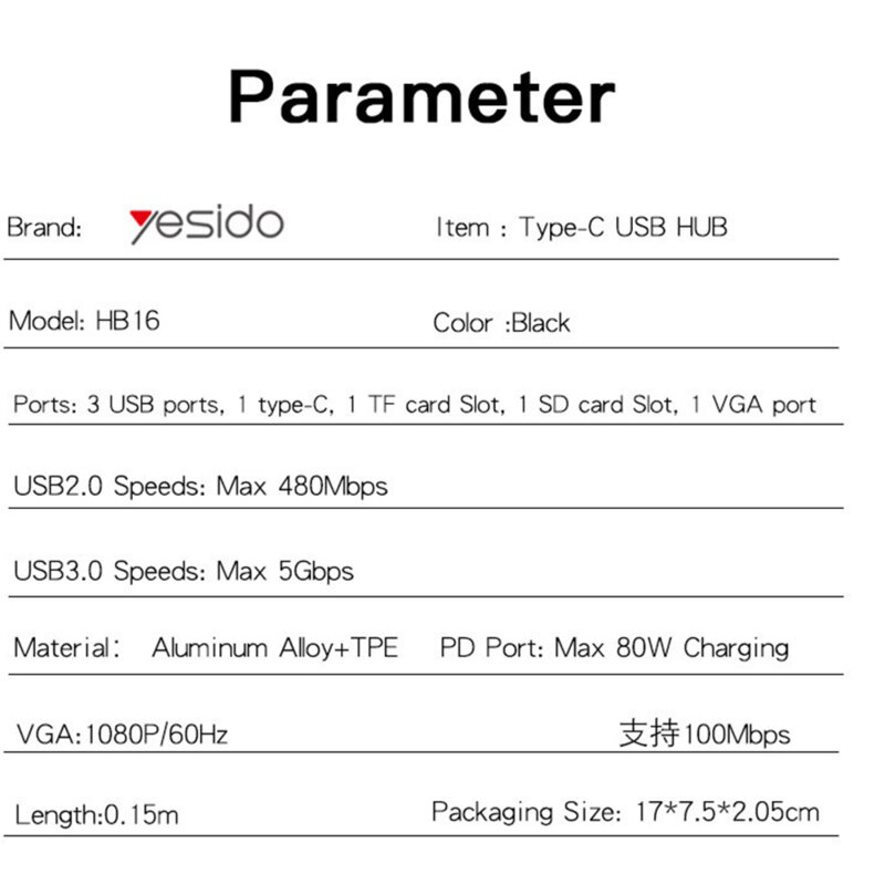 Docking Station Type-C la 3x USB, TF/SD Card, Type-C, VGA, Yesido HB16
