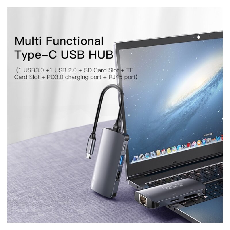 Hub Type-C la USB, USB- C, SD/TF, RJ45 Yesido, 1000Mbps, HB15