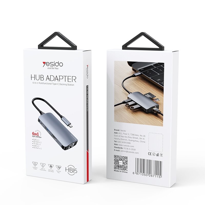 Hub Type-C la USB, USB- C, SD/TF, RJ45 Yesido, 1000Mbps, HB15