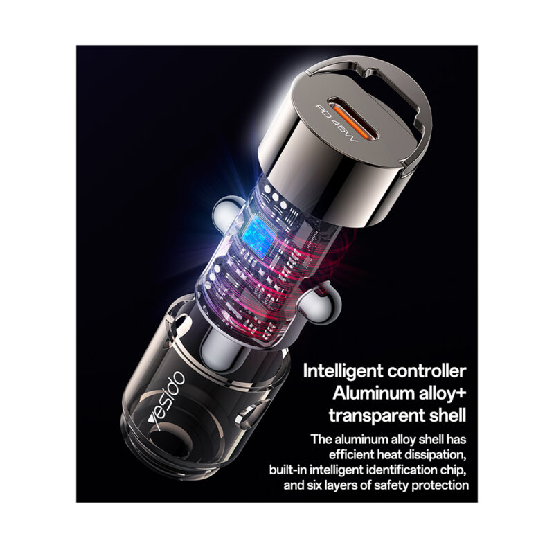 Mini incarcator auto PD45W, USB-C Yesido Y67, negru