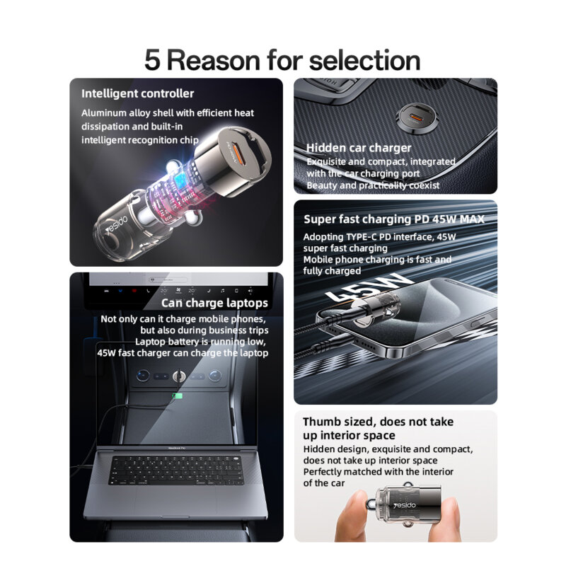 Mini incarcator auto PD45W, USB-C Yesido Y67, negru