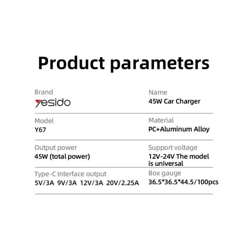 Mini incarcator auto PD45W, USB-C Yesido Y67, negru