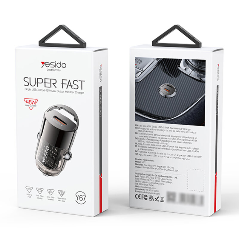 Mini incarcator auto PD45W, USB-C Yesido Y67, negru