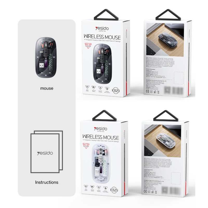 Mouse transparent wireless dual-mode 2.4G + BT Yesido KB29, alb