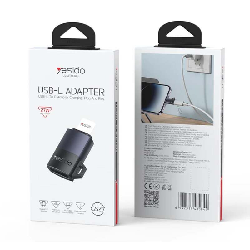 Adaptor OTG Type-C la Lightning, 27W Yesido GS27, gri