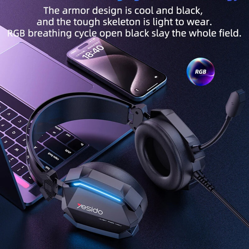 Casti gaming cu microfon Yesido EK03, lumini, Jack, USB, 2m