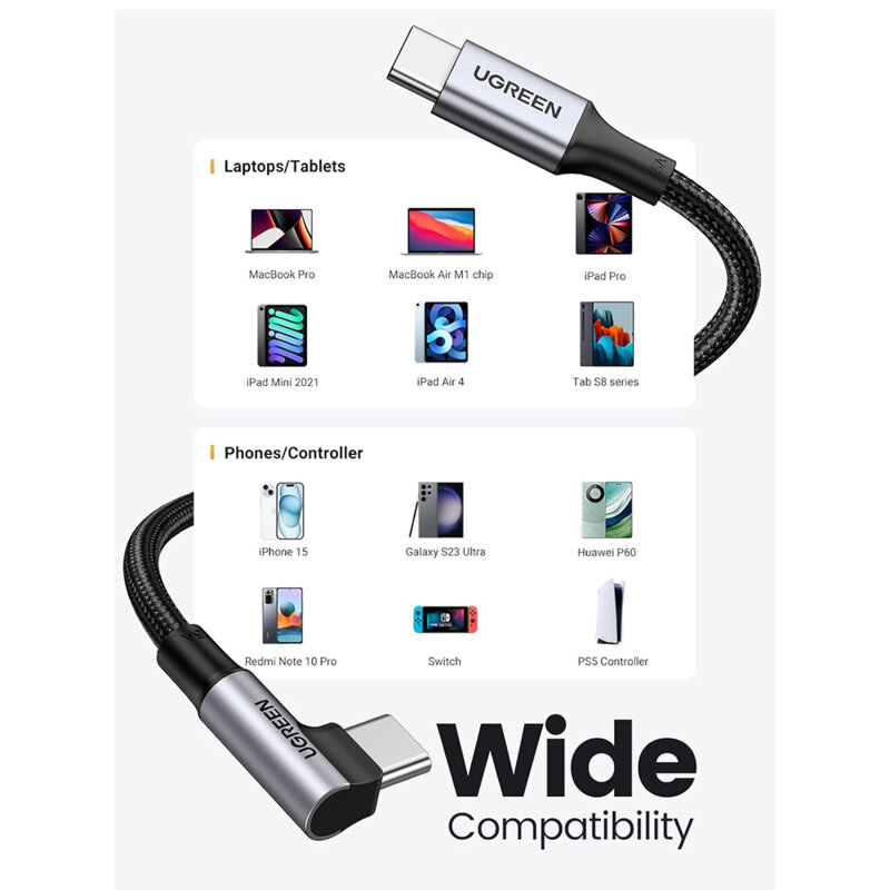 Cablu de incarcare Type-C, 5A, 100W, 1m Ugreen, gri, 70643