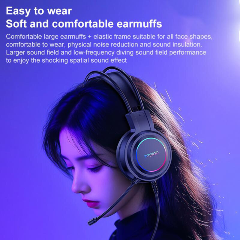 Casti gaming cu microfon si fir Yesido EK05, lumini RGB, mufa USB