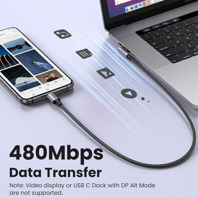 Cablu de date Fast Charging tip C 60W Ugreen, 1m, gri, 50123