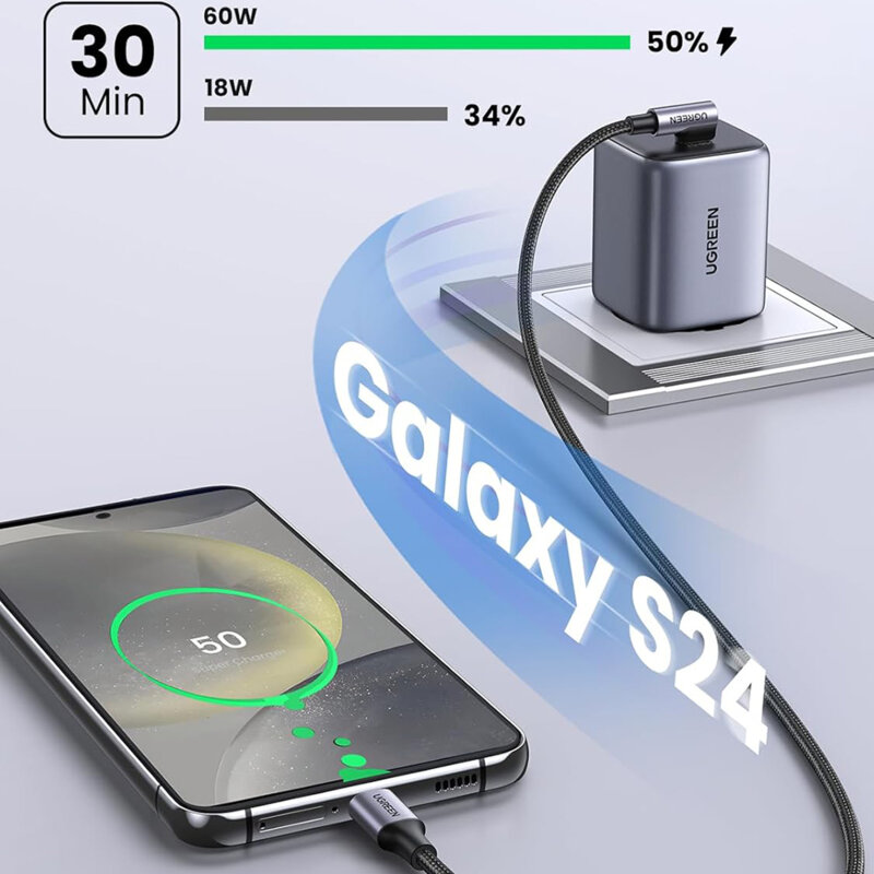 Cablu de date Fast Charging tip C 60W Ugreen, 1m, gri, 50123