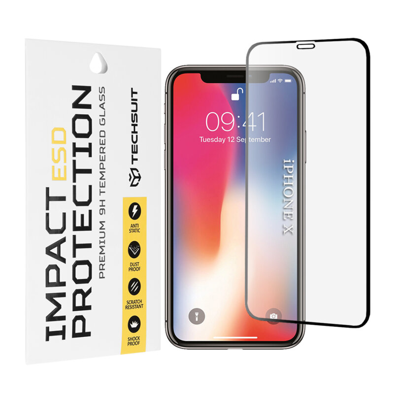 Folie sticla iPhone X, iPhone 10 Techsuit ESD Glass, negru