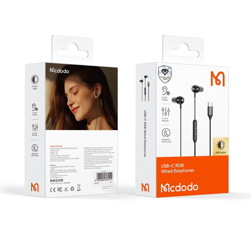 Casti in-ear cu fir Type-C, lumini RGB, Mcdodo HP-5830, negru
